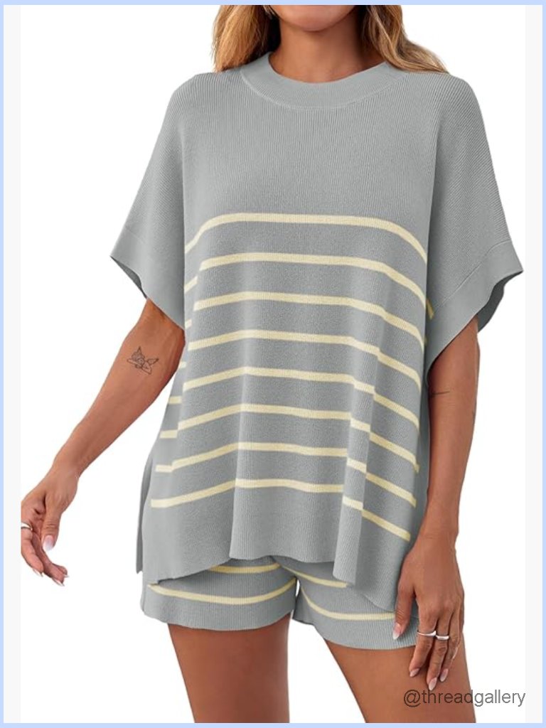 Women's Striped 2 Piece Lounge Set Oversized Batwing Top Shorts